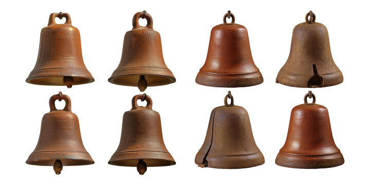 Array of Brown Rustic Bells on Transparent Background, PNG collection, set bundle, isolate on transparent or white background