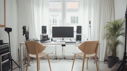 Scandinavian-inspired podcast studio featuring two light wood chairs, sleek audio equipment, and white minimalist decor.