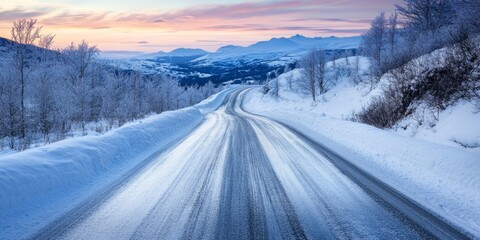 Fototapeta premium Road leading to a stunning snowy landscape, showcasing the beauty of Norwegian nature and the scenic charm of the road amidst the winter wonderland of snowy scenery.