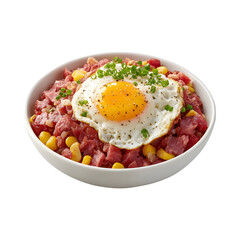 Delicious Corned beef fried with potatoes and onions, topped with a sunny side up fried egg isolated on transparent background