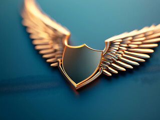 A stylized golden shield with wings, symbolizing protection and strength, set against a smooth blue background.