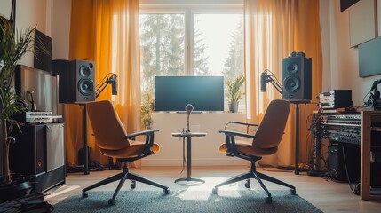 Fototapeta premium Two chairs in a bright podcast studio with a large window, minimalistic decor, and high-quality recording equipment on display.