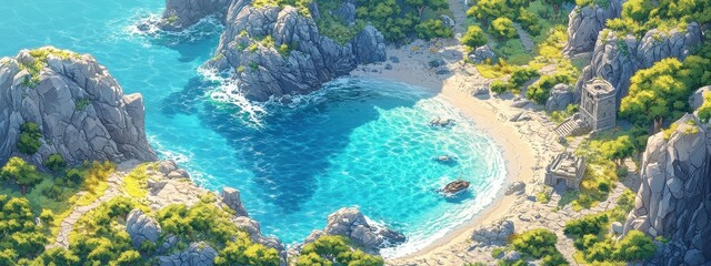 3D sea land water island background fantasy ocean isolated isometric. Land illustration 3D landscape sea sky world beach art mural wave waterfall city travel concept fantastic view game fresco ground