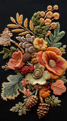 Fototapeta premium Hand embroidered crafts with floral and mushroom patterns