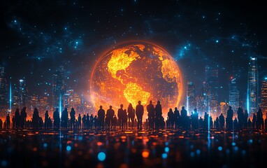 A glowing hologram of Earth with a diverse crowd of people