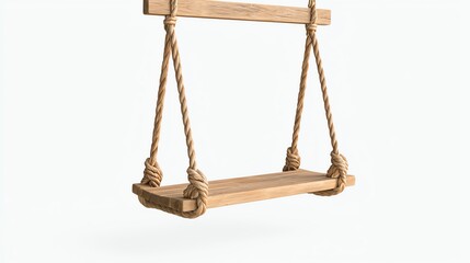 A simple wooden swing hanging from ropes, evoking feelings of nostalgia and outdoor fun.
