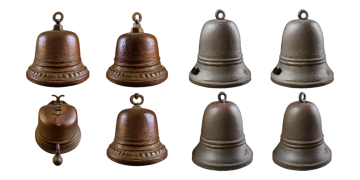 Various Antique Bells on Transparent Background, PNG collection, set bundle, isolate on transparent or white background