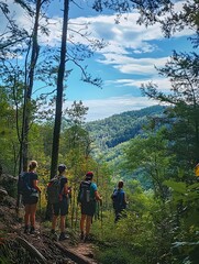 Fototapeta premium A photo of a group of hikers pausing to take in the view from a forested mountain trail. 