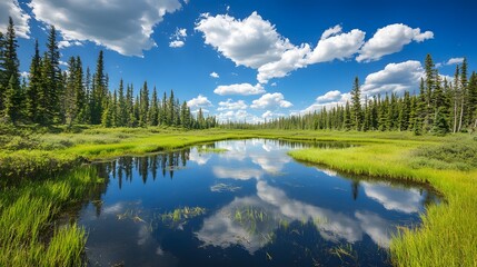 Fototapeta premium Serene landscape with a reflection of clouds on tranquil water under a clear blue sky.