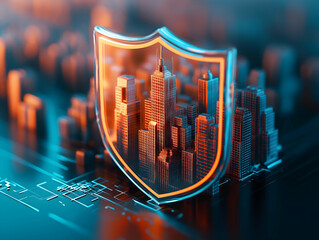 A digital shield protects a futuristic city, symbolizing cybersecurity and urban safety in a tech-driven world.