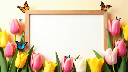 Blank white mockup of spring holiday frame.Colorful spring scene with tulips, butterflies and blank border. Perfect for greeting cards, social media and spring theme.