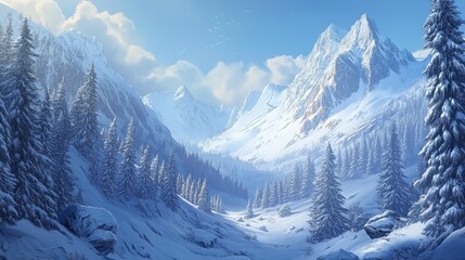 Sunlit snowy mountain valley with snow-covered pine trees.