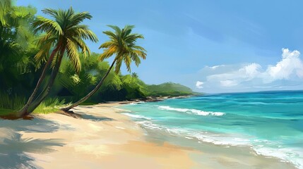 Tropical beach scene with palm trees, white sand, and turquoise ocean under a sunny sky.