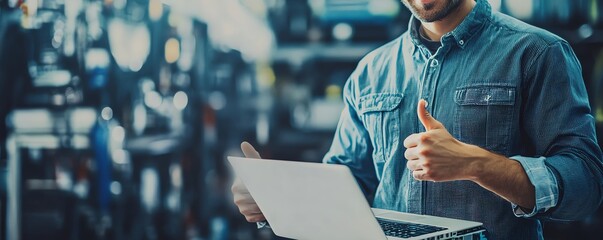 A man giving a thumbs up while holding a laptop in one hand, symbolizing computer repair and troubleshooting, with a clean technology background for IT support and assistance