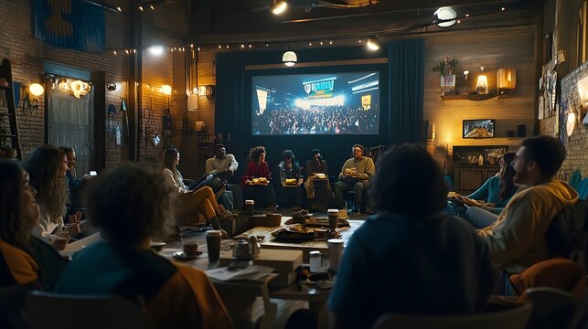 A photo of a group of people enjoying a movie night in a community hall. -
