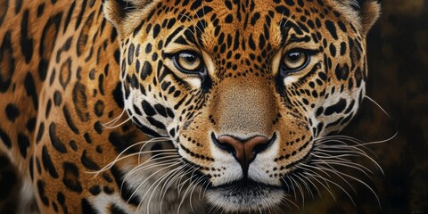 Naklejka premium Close up portrait of a jaguar, showcasing the striking features and beauty of the jaguar. This detailed image captures the essence of the jaguar, highlighting its unique patterns and expression.