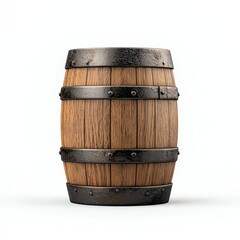 Obraz premium A wooden barrel with metal bands, showcasing a rustic design, suitable for storage and aging various liquids.