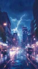 Fototapeta premium Stormy night in the city with heavy rain and striking lightning illuminating the skyline.