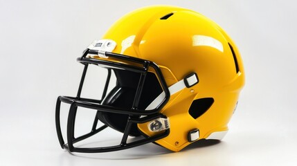 Fototapeta premium Yellow football helmet with black facemask on white background.