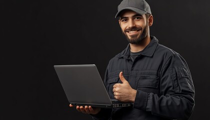 Friendly technician giving a thumbs up and holding a laptop, symbolizing IT support and computer repair services, with a techsavvy background and empty space for copy or branding