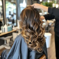 Fototapeta premium A photo of a hairdresser styling a client’s hair in a trendy salon.