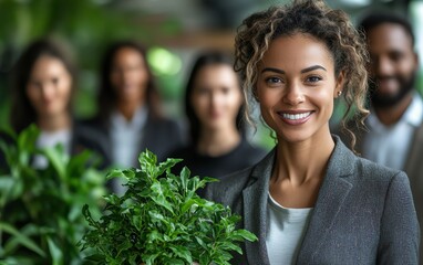 Multiracial business team in a green office, with a businesswoman holding a plant, representing ecology, teamwork, productivity, and the success of sustainable business practices