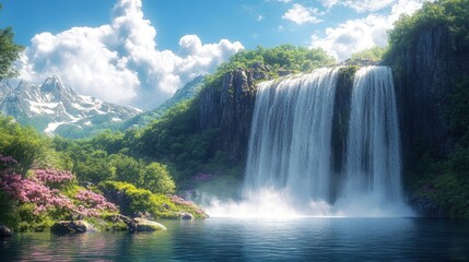 Serene waterfall cascading into tranquil lake, mountains.