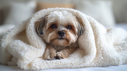 Cozy Yorkshire Terrier puppy nestled under a fluffy white blanket on a bed.