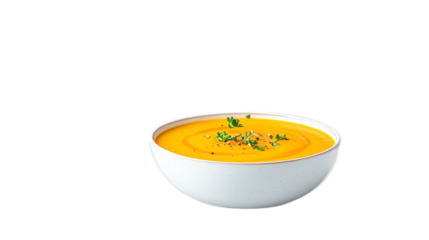 Creamy Orange Pumpkin Soup in White Bowl with Fresh Herbs Garnish