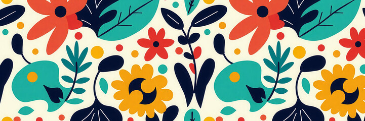 A colorful floral pattern with yellow flowers and green leaves. The flowers are arranged in a way that creates a sense of movement and flow. Scene is cheerful and vibrant