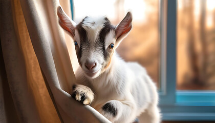 Goat Kid Climbing a Curtain: A Playful Scene