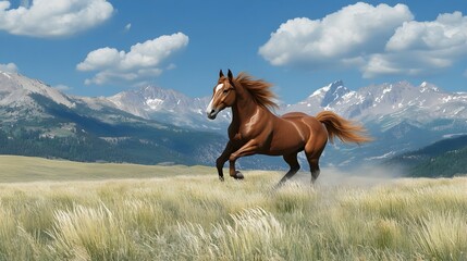 Fototapeta premium A photo of a horse galloping freely in an open pasture with mountains in the background.