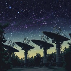 Silhouetted satellite dishes under a starry night sky, capturing the essence of astronomy and technology.