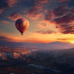 Fototapeta premium hot air balloon flying over a colorful valley during sunrise. 