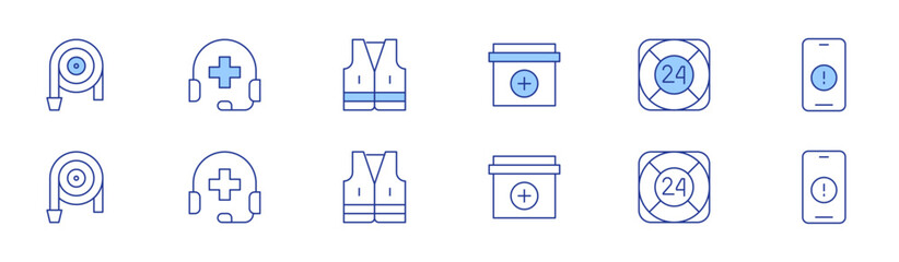 Obraz premium Emergency icon set in two styles, Duotone and Thin Line style. Editable stroke. fire hose, first aid kit, maritime rescue, phone call, smart home, vest