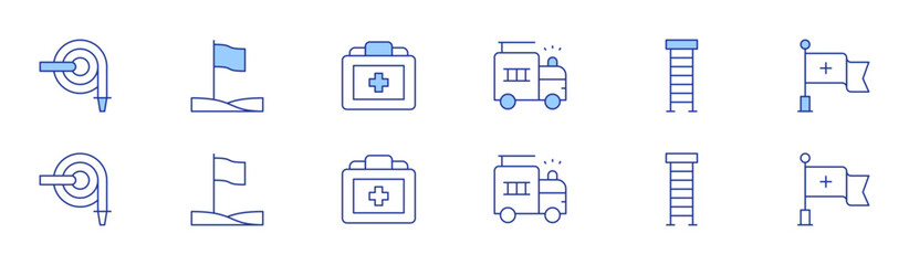 Emergency icon set in two styles, Duotone and Thin Line style. Editable stroke. fire hose, flag, medical kit, fire truck, ladder, red cross