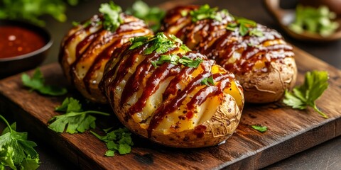 Savor the delicious baked potatoes drizzled with rich sauce, all served on a rustic wooden plate, highlighting the perfect combination of flavors in this delectable meal of delicious baked potatoes.