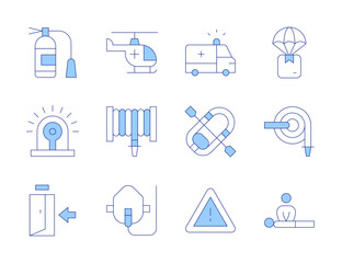 Emergency icons. Line Duotone style, editable stroke. ambulance, fire extinguisher, inflatable boat, alarm, fire hose, helicopter, delivery box