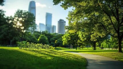 Fototapeta premium Lush park with a path and city skyline in the background