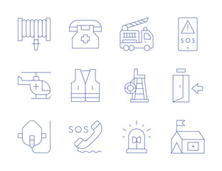 Emergency icons. Thin Line style, editable stroke. emergency number, sos, emergency exit, vest, fire hose, fire truck, helicopter, lifeguard chair, oxygen mask, siren, tent