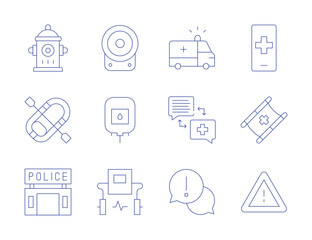 Emergency icons. Thin Line style, editable stroke. emergency, ambulance, chat, fire hydrant, inflatable boat, police station, stretcher, alarm, blood bag, defibrillator