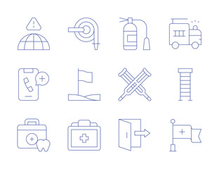 Emergency icons. Thin Line style, editable stroke. fire hose, fire truck, flag, ladder, medical kit, red cross, alert, call, crutches, dentist, emergency, fire extinguisher