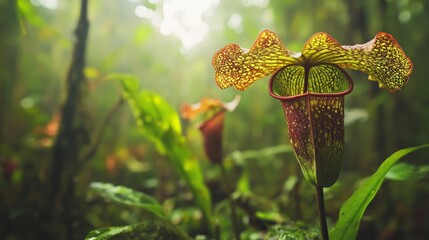 Bornean Pitcher Plant thriving in a vibrant tropical forest setting. The striking green and red hues of the wild pitcher plant showcase its wide open trap, highlighting its unique features and beauty.