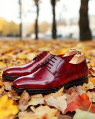 Elegant red leather shoes resting on a bed of autumn leaves, creating a warm, stylish atmosphere.