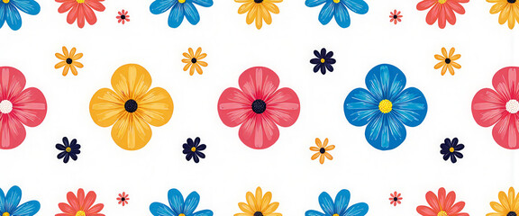 A colorful floral pattern with yellow flowers and green leaves. The flowers are arranged in a way that creates a sense of movement and flow. Scene is cheerful and vibrant