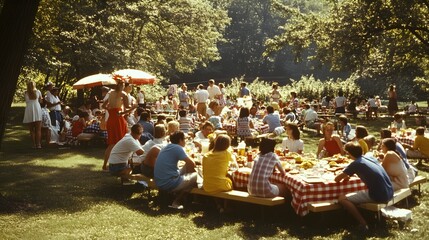 a large picnic gathering during an outdoor Fourth of July celebration.