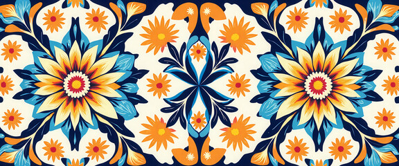 A colorful floral design with blue, orange, and white flowers. The flowers are arranged in a pattern that resembles a border