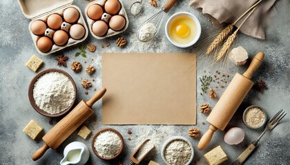 A vintage wooden frame holds a blank recipe card on a rustic kitchen table, surrounded by fresh baking ingredients and spices ready for Christmas cookie baking