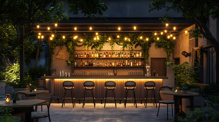 Outdoor bar illuminated at night with lively atmosphere and lush greenery in a cozy setting