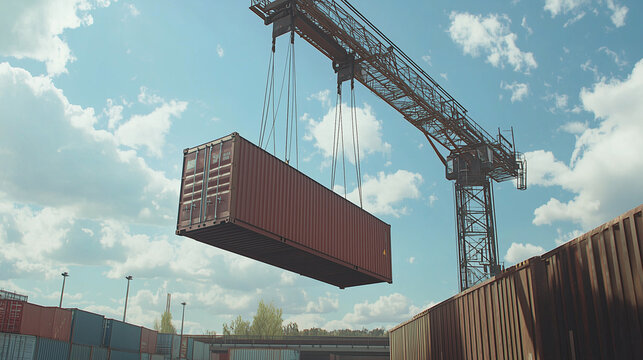 Żuraw unosi kontener transportowy i umieszcza go na pociągu towarowym.
